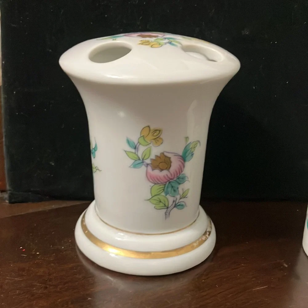 Vintage Porcelain Andrea by Sadek Asian Style Floral Toothbrush Holder & Cup